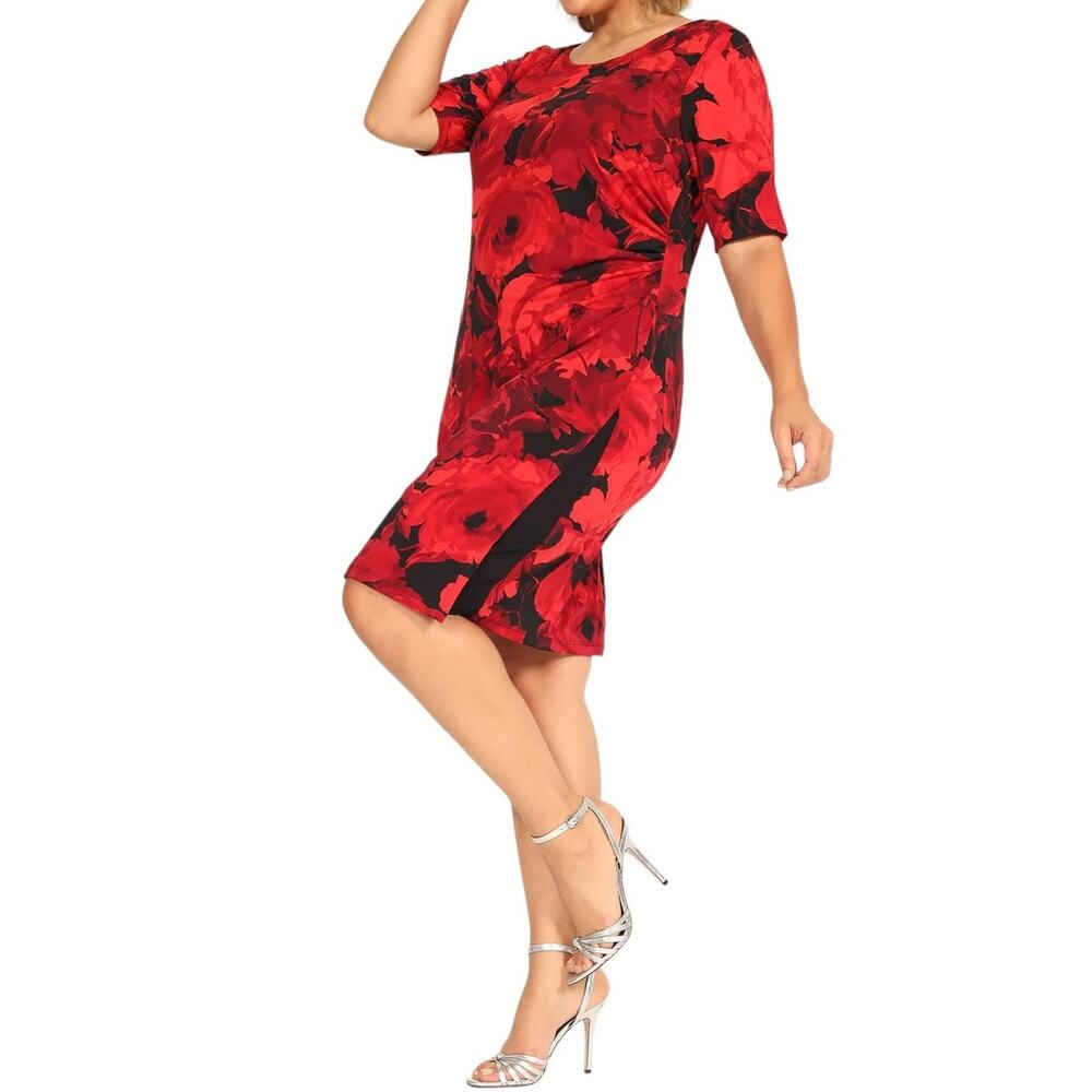 Connected Apparel Red Black Floral Dress 3/4 Length Sleeves, Size 12